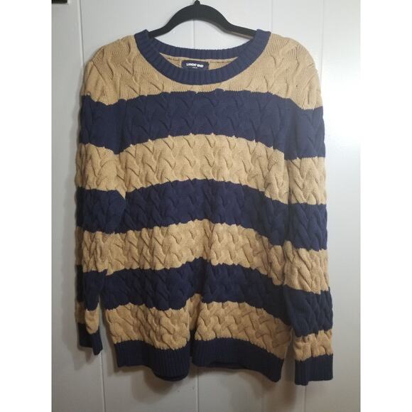 Lands End Women's Sz 1X 16/18 Navy Tan Nautical Striped Twist Cable Knit Sweater - Picture 1 of 8